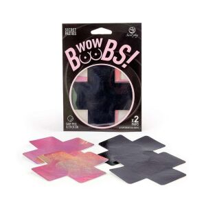 WOW BOOBS! Kreuzförmige Brustwarzenabdeckungen Verpackung und Produkt, schwarz und pink, leicht abziehbar und aufklebbar - Kleidung für Frauen