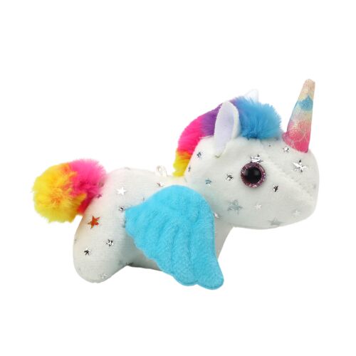 Einhorn-Plüsch-Springpferd unicorn de pluș alb cu coamă și coadă curcubeu, aripi albastre