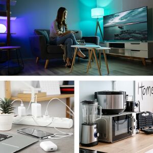 Kolaż przedstawiający listwę zasilającą Qoltec w użyciu: salon, biuro, kuchnia - Qoltec