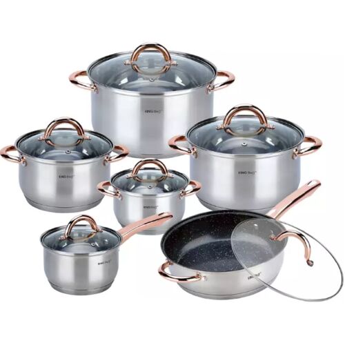 Kinghoff KH-1766 12-teiliges Edelstahl Kochtopfset mit Glasdeckeln und roségoldenen Griffen