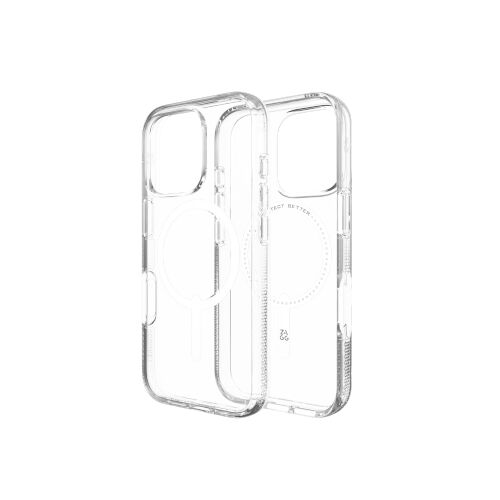 Two ZAGG Crystal Palace Snap clear iPhone 16 Pro cases, MagSafe compatible, angled view