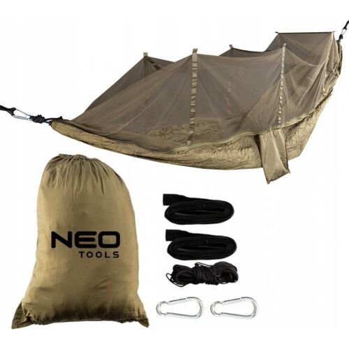 NEO TOOLS 330x140cm Szúnyoghálós függőágy szett, tartalmazza a hevedereket, köteleket és hordtáskát
