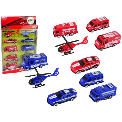 10-dielna súprava policajných a hasičských záchranných vozidiel s autíčkami a vrtuľníkmi