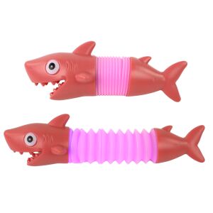 Zwei Spring Shark Leuchtende Pop Tubes, ausgefahren und zusammengezogen - Schaukelpferde, Schaukeltiere und Entwicklungsspiele für Kinder im Kindergartenalter