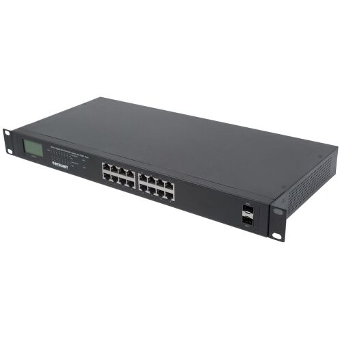 Switch Intellinet 561259 16-Port Gigabit PoE+ cu 2 porturi SFP, vedere unghiulară
