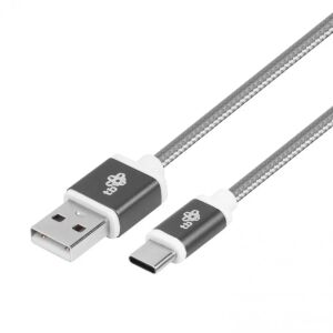 Zbliżenie złączy USB-A i USB-C TB na szarym kablu w oplocie - Kabel