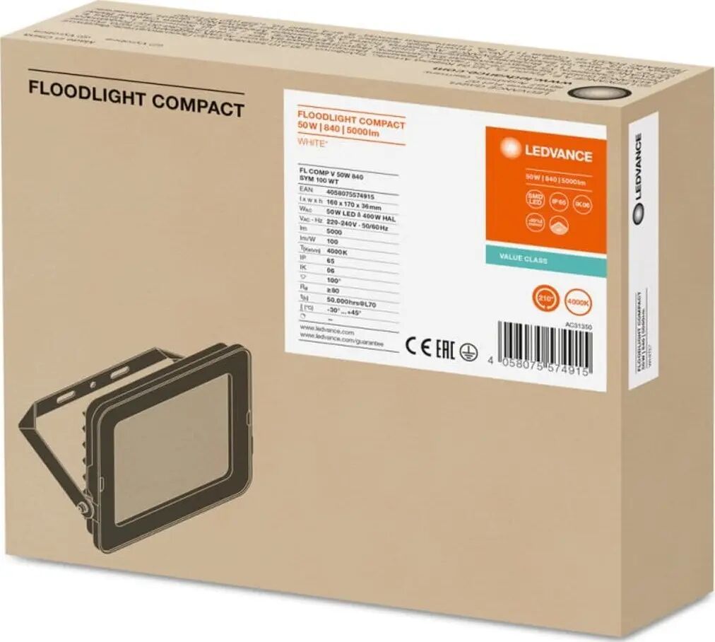 Flutlicht Ledvance LED-Projektor FLOOD COMPACT V 50W 840 SYM 100 WT 4058075574915