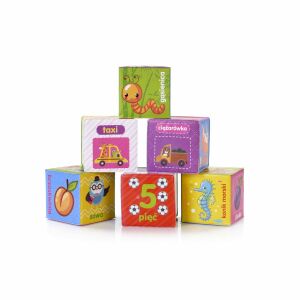 Cuburi educative E-Edu, set de 6 cuburi moi cu animale, vehicule și numere - Premergatoare, Premergatoare și Jocuri de dezvoltare pentru copii mici