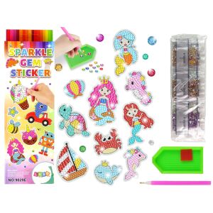 Diamant-Stickerset Meereswelt Tiere Mosaik: Zestaw naklejek z mozaiką diamentową z motywem morskich stworzeń, w tym syreny, żółwia, delfina i kraba, z narzędziem do aplikacji i kolorowymi klejnotami. - Zestaw do rzemiosła artystycznego