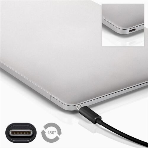 Goobay USB-C na USB-C kabel spojen s prijenosnim računalom, prikazuje detalje priključka i ikonu rotacije od 180 stupnjeva