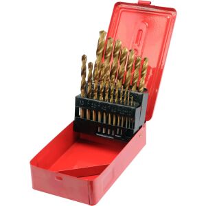 WIERTŁA DO METAL.TYTAN.19CZ.1-10MM zestaw wierteł, 19-częściowy zestaw wierteł HSS z powłoką tytanową do metalu w czerwonej metalowej kasecie - Wiertło