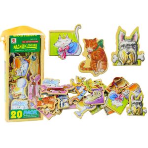 Set mit 20 Holzmagneten mit Tiermotiven, Verpackung und losen Magneten - Lean Toys