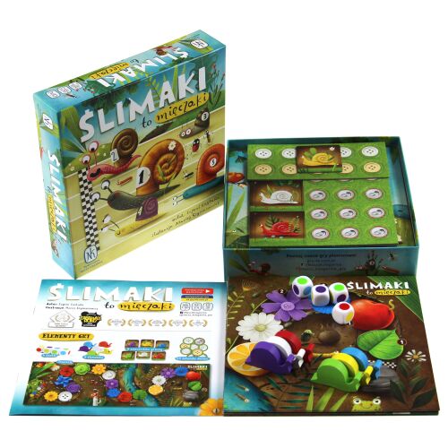 Ślimaki to mięczaki! társasjáték doboz, alkatrészek és útmutató