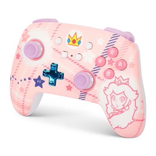 Ukośny widok kontrolera bezprzewodowego PowerA Enhanced do Nintendo Switch - Princess Peach Plaid