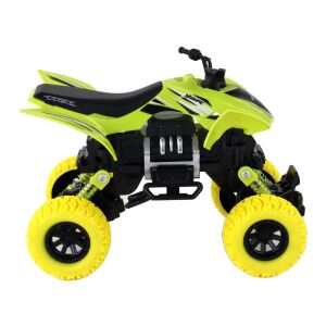 Vehicul Off-road verde Pusher Quad XC cu anvelope galbene, vedere laterală - Jucării
