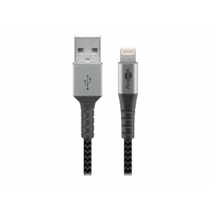 USB 2.0 Adapterkabel, USB-A Stecker > Lightning Stecker (grau/silber, 2 Meter, gesleevt, Metallstecker) 145736913 - Lightning-Kabel