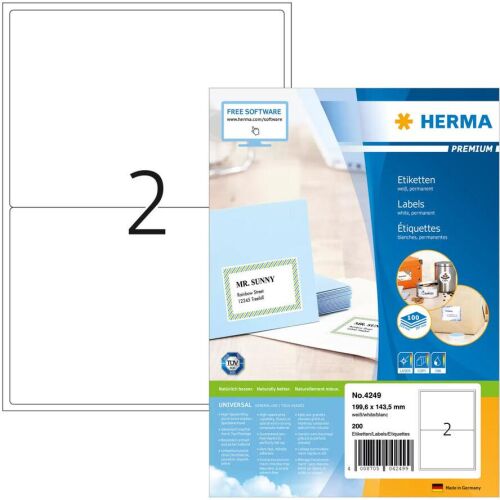 Herma 4249 A4 Címkék, 199.6 x 143.5 mm, 200 darab, fehér, tintasugaras és lézer nyomtatókhoz - Herma