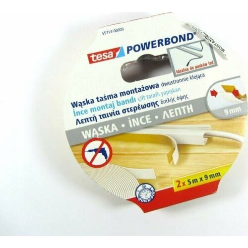 Tesa Powerbond wąska dwustronna taśma montażowa, 2x5m x 9mm, do listew LED i dekoracji