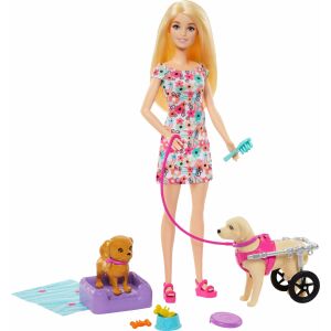 Lalka Barbie z dwoma psami, jeden na wózku inwalidzkim, i akcesoriami - Mattel