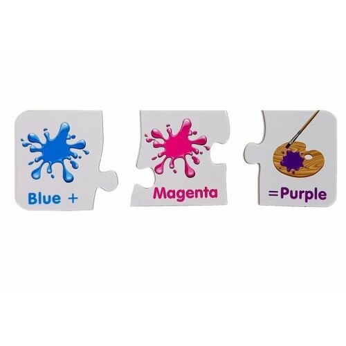 Kirakós darabok, amelyek a kék plusz magenta egyenlő lila színt mutatják, oktatási színkeverő puzzle