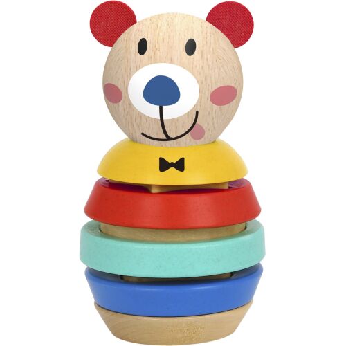 Tooky Toy Bear Shape Tower, egy fa egymásra rakható és forma válogató játék gyerekeknek.