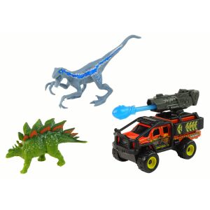 Dinoszaurusz figurák autó rakétavető készlettel, Velociraptorral, Stegosaurusszal és terepjáró játékautóval - Lean Toys