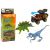 Dinoszaurusz figurák autó rakétavető készlettel, kicsomagolva, Velociraptorral, Stegosaurusszal és terepjáró játékautóval