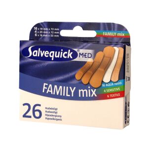 Salvequick Family Mix Pflaster, 26 verschiedene Pflaster für die ganze Familie, einschließlich Aqua Resist, Sensitive und Textile Pflaster. - Häusliche Pflege