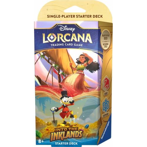 Disney Lorcana Into the Inklands kezdő pakli Moana és Scrooge McDuck szereplésével, azonnal játszható kártyajáték