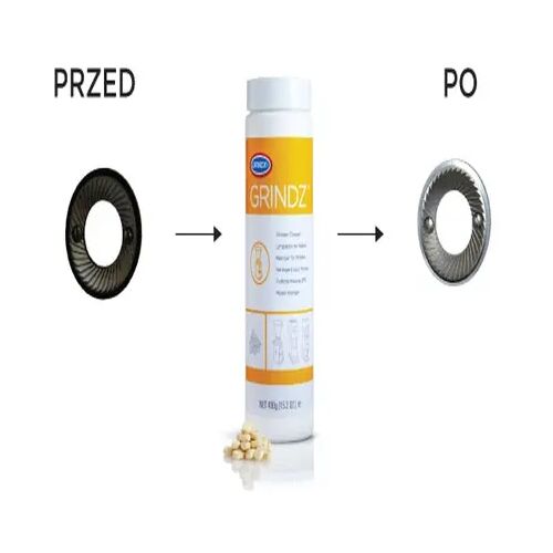 Urnex Grindz środek do czyszczenia młynków, przed i po czyszczeniu