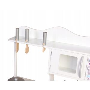 Zbliżenie na kuchenkę drewnianą dla dzieci Promis KD10, mikrofalówkę i wieszak na przybory - Kuchnia dla niemowląt i zabawek