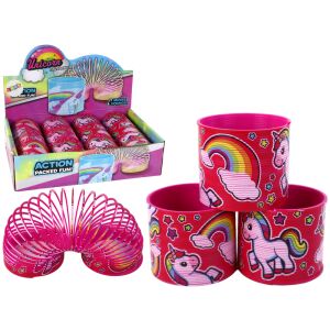 Ikonikus rózsaszín unikornis rugó játék, több nézetben, dobozban és kinyújtva - Lean Toys