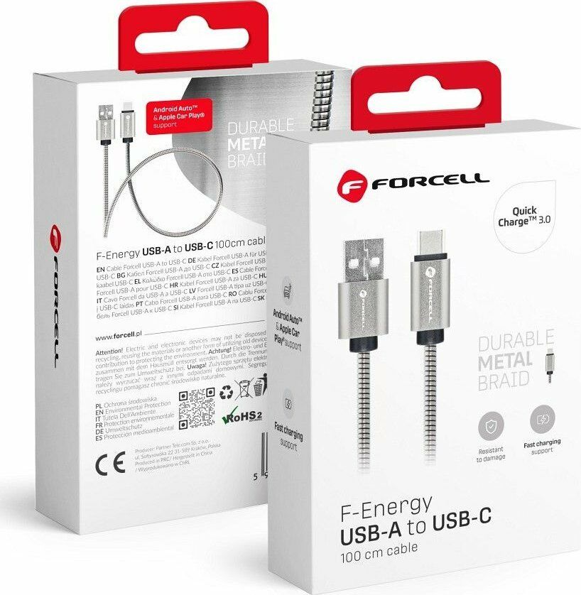 FORCELL kabel USB Typ C 2.0 2,4A Metal C234 1m srebrny