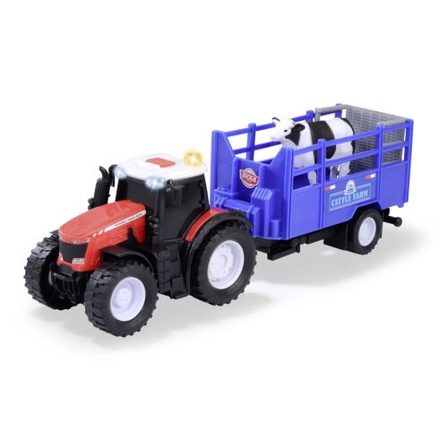 Szögletes nézet a Massey Ferguson játéktraktorról utánfutóval és tehénnel - Autó és jármű