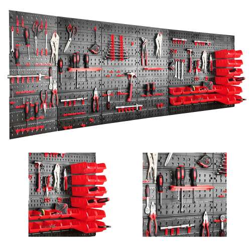 SmileHOME Werkzeugwand mit 128 Batterien und 24 Boxen 224x82,5cm #fekete-piros