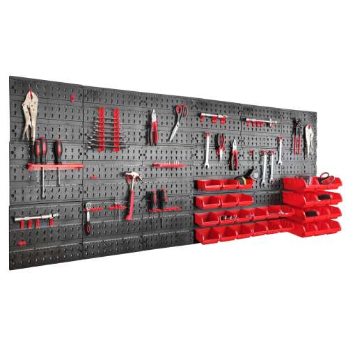 Ścianka narzędziowa SmileHOME z 48 bateriami i 30 pojemnikami 192x82,5cm #fekete-piros