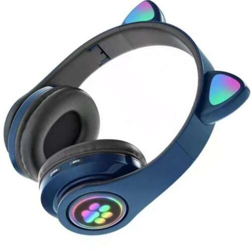 Modré bezdrôtové Bluetooth slúchadlá s mačacími ušami a LED svetlami
