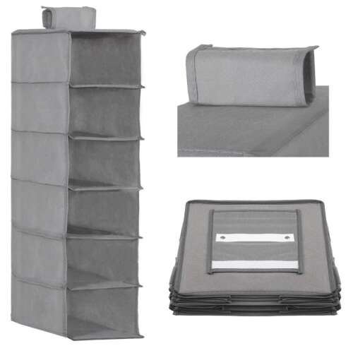 Springos 6-shelf hanging organizer, gray, collage, showing different angles and details