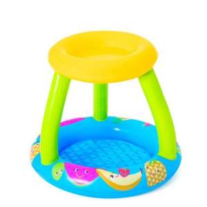 Piscina Bestway Fruit Canopy cu baldachin galben și suporturi verzi, cu o bază gonflabilă albastră cu imprimeu de fructe. - Piscine exterioare