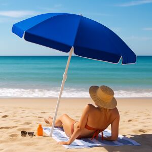 Springos blauer Sonnenschirm am Strand mit entspannender Frau - Markisen & Beschattungen