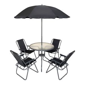Makasar Antracit kerti étkezőgarnitúra kerek üvegasztallal, 4 összecsukható székkel és napernyővel - Patio