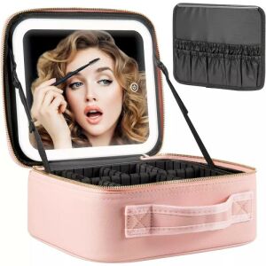 Rózsaszín kozmetikai táska beépített LED tükörrel és sminkrendszerezővel, nő szempillaspirált használ - Fodrászat & Kozmetika