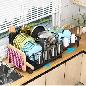 Edényszárító aprítótartóval, kihúzható, vízelvezető nyílással, fekete, 43-70 x 30 x 20,5 cm 136114073 - Edényszárító