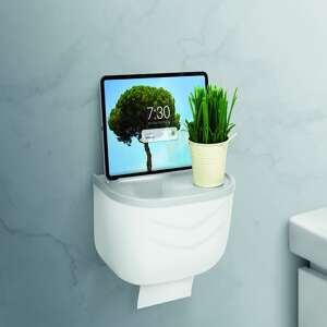White toilet paper holder with shelf for phone or tablet, mounted on a bathroom wall - Toilet Paper Holder & Stand