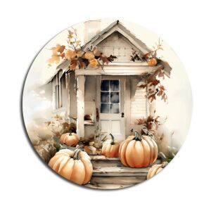 Nyomtatott fa tábla koszorú közép - Fehér-narancs tök házzal 11,8cm