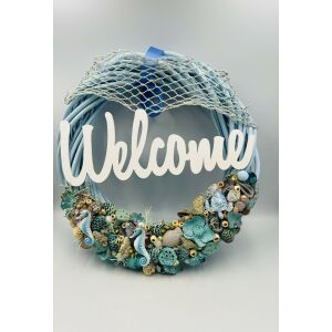Extra nagyméretű nyári ajtódísz 'Welcome' felirattal, tengeri témával, tengeri csikókkal és kagylókkal. - Ajtódísz