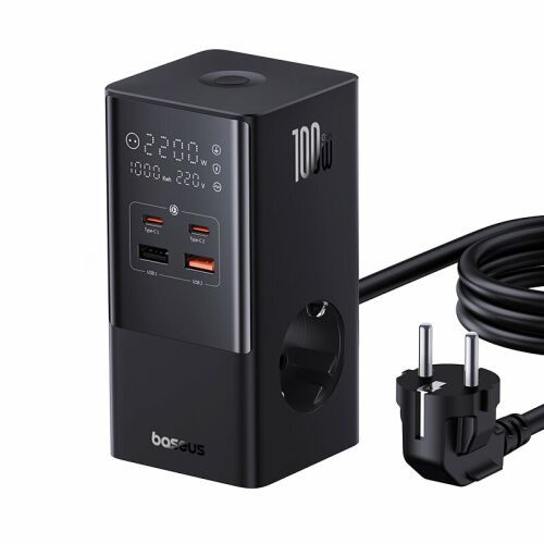 Baseus PowerCombo 100W Steckdosenleiste mit Verlängerungskabel, 2 AC-Steckdosen, 2 USB-C, 2 USB-A-Anschlüsse, Schwarz