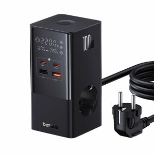 Baseus PowerCombo 100W elosztó hosszabbító kábellel, 2 AC, 2 USB-C, 2 USB-A port, fekete - Baseus