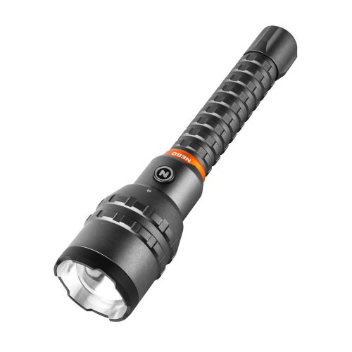 NEBO 12K rechargeable flashlight, black, angled view