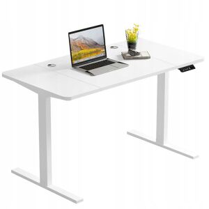 Białe elektryczne biurko stojące 160x80cm z laptopem i kwiatami - Biurko komputerowe
